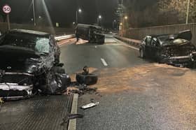 Scene of three-vehicle crash caused by drink and drug driver.