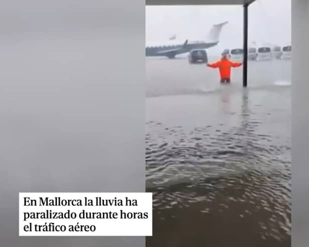 Mallorca airport flooding sees high flood water on runway.