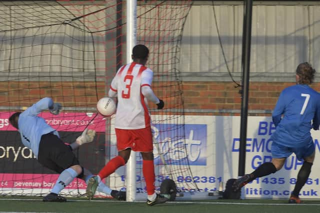 Horsham YMCA's Jack Hartley (on the right) fired home his side's second in their 2-0 away win over Langney Wanderers in the Premier Division on Saturday. Picture by Jon Rigby.