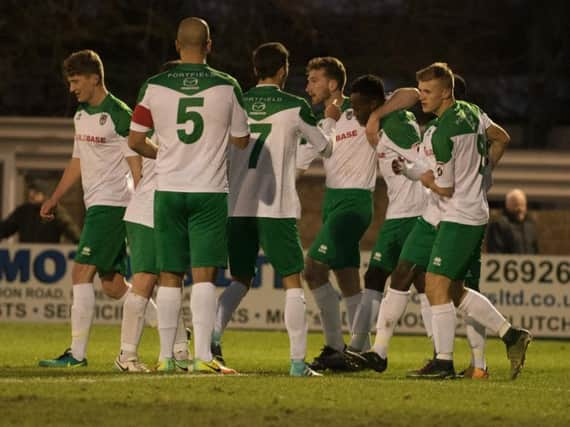 The Rocks celebrate Ibra Sekajja's equaliser at Hemel / Picture by Tommy McMillan