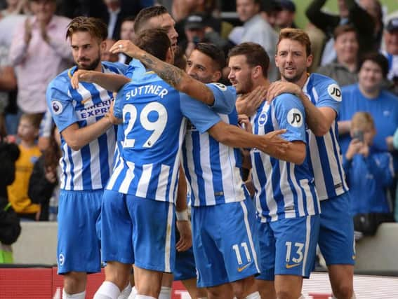 Albion celebrate a goal in their 3-1 win against West Brom in September. Picture by Phil Westlake (PW Sporting Photography)