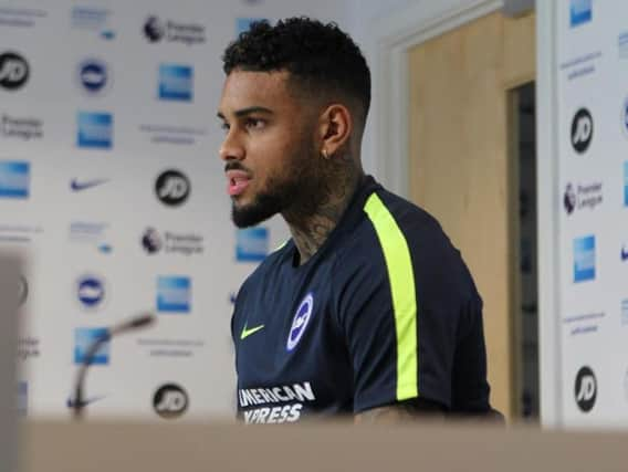 Jurgen Locadia speaking at Brighton's training ground in Lancing tonight. Picture by Kieran Cleeves/BHAFC