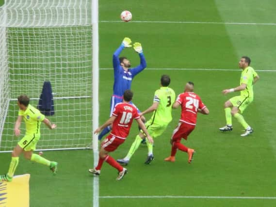 Dale Stephens heads Albions equaliser in the promotion decider at Middlesbrough in May 2016. Picture by Angela Brinkhurst