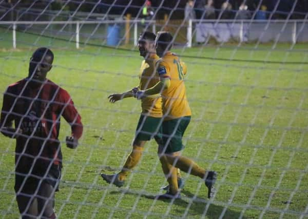 George Landais celebrates after scoring Horsham's third goal against Sittingbourne. Picture by John Lines