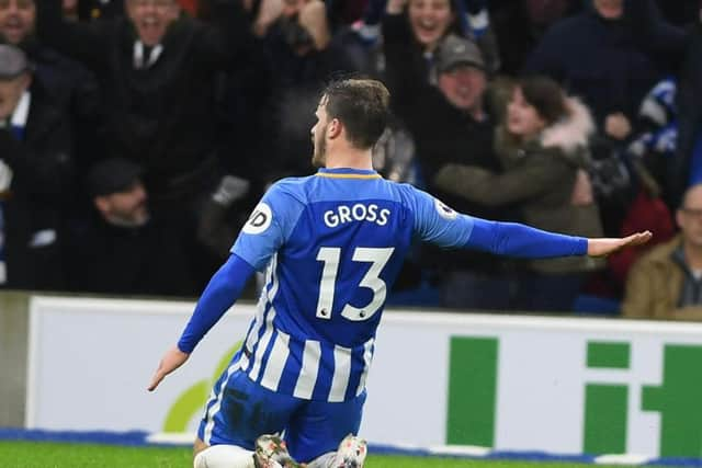 Pascal Gross celebrates giving Albion a 3-1 lead. Picture by Phil Westlake (PW Sporting Photography)