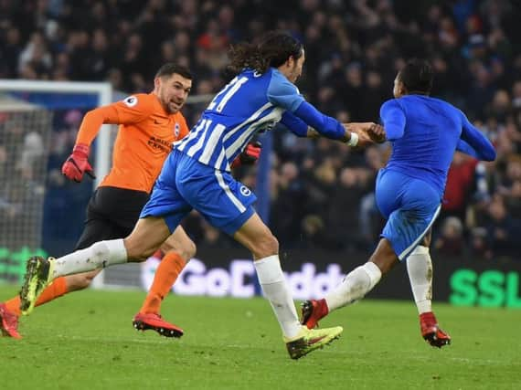 Jose Izquierdo is chased by goalkeeper Mathew Ryan and Ezequiel Schelotto after his stunning goal. Picture by Phil Westlake (PW Sporting Photography)