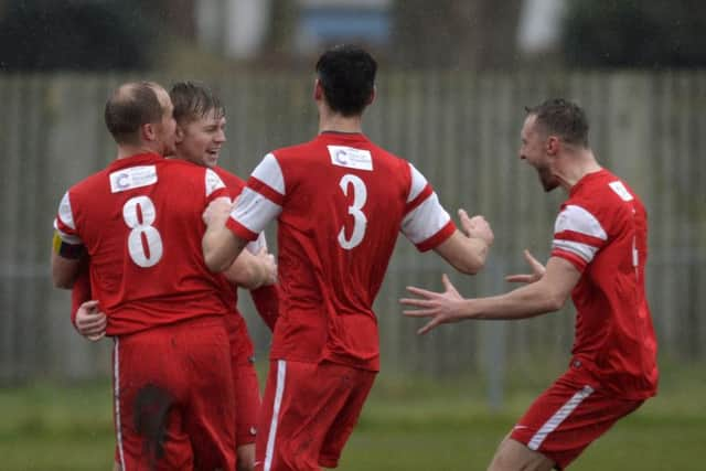 Eastbourne United V Horsham YMCA 10/2/17 - Horsham YMCA celebrate their first goal (Photo by Jon Rigby) SUS-181202-101048008