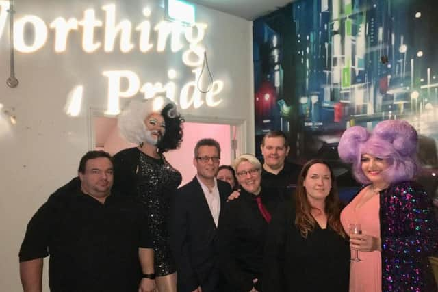 Worthing Pride organisers with drag host Spice and singer Miss Disney at the launch event, held at The Libertine in Portland Road, Worthing