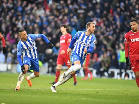 Glenn Murray celebrates his second goal against Swansea. Picture by PW Sporting Photography