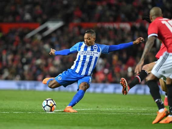 Jose Izquierdo fires in a shot at Old Trafford on Saturday. Picture by Phil Westlake (PW Sporting Photography)