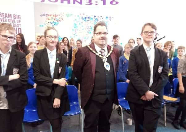 Littlehampton mayor Billy Blanchard-Cooper with head girl Gemma Legg and David Vaitulevicius