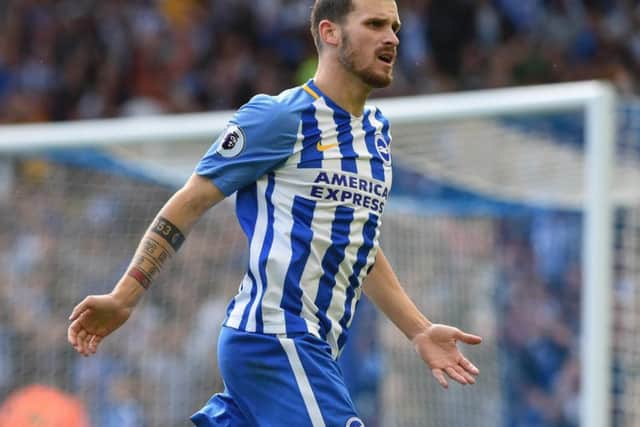 Pascal Gross celebrates scoring against West Brom. Picture by Phil Westlake (PW Sporting Photography)