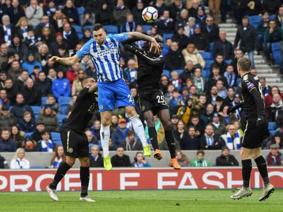 Shane Duffy challenges for a header against Leicester on Saturday. Picture by Phil Westlake (PW Sporting Photography)