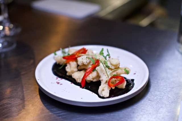 Calamari Fritto, squid ink Romesco and pickled chilli. Photo by Eshe Brown