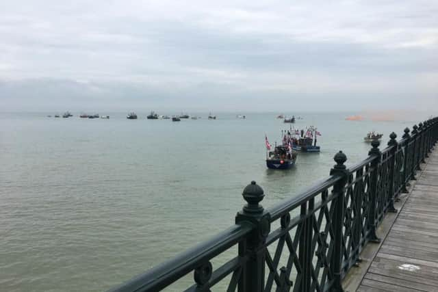 Boats of fishermen protesting in Hastings. Photo: James Butler