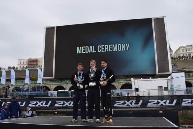 The men's race winners: (l-r) Dan Nash, Stuart Hawkes and Kevin Rojas