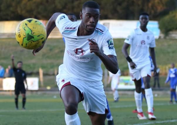 Sinnkaye Christie scored Hastings' first goal and produced a terrific display in defence during the 2-2 draw away to Greenwich Borough. Picture courtesy Scott White