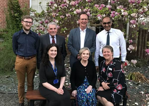 Back (from left): Joanna McConville; Adonia Montfort Bebb; Beryl Hobson, QVH Chair of Governors. Front: Andrew Rackley, archivist who began the project; Guinea Pig Club secretary and East Grinstead Museum trustee Bob Marchant; McIndoes grandson Gordon Bebb; and Baljit Dheansa