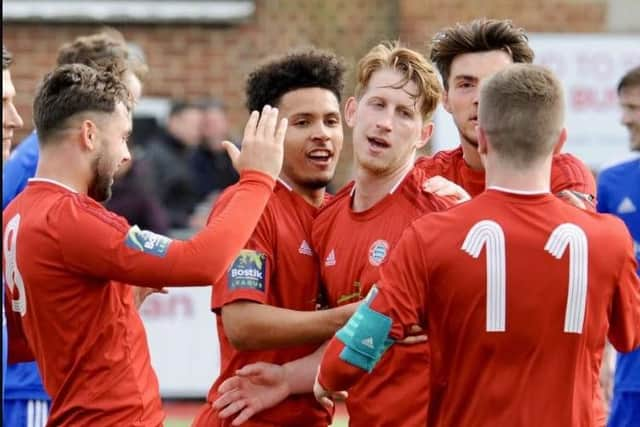 Worthing celebrate substitute Sam Rents' goal in the final day draw with Brightlingsea Regent. Picture by Stephen Goodger