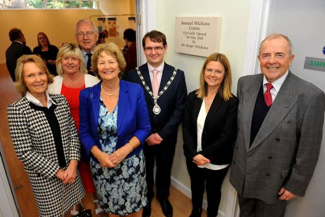 Samuel Wickens centre unveiling at Rustington. Virginia Collyer, Alison Cooper, Sir Peter Bottomly MP, Jacky Wickens, Jamie Bennett (Chair parish council), Sarah Wickens. Roger Wickens, Pic Steve Robards SR1812180 SUS-180405-111521001