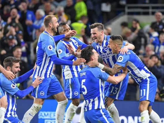 Albion celebrate Pascal Gross's winning goal. Picture by Phil Westlake (PW Sporting Photography)