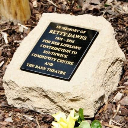 The plaque, marking Betty's lifelong contribution to Southwick Community Centre and the Barn Theatre