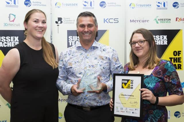 Charlie Lindsay, Overall Sussex Executive Head Teacher of the Year from Sandown Primary School, Hasting with Catherine Spencer and Bex Bastable (Photograph: Martin Apps)