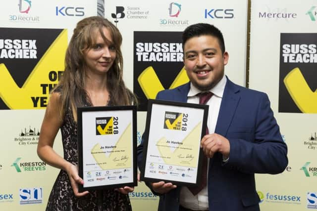 Jo Havbro, Hastings & Borough Primary School Teacher of the Year and Overall Hastings Teacher from St Leonards Church Of England Primary Academy, with Jack DuPille of Kidzania (Photograph: Martin Apps)