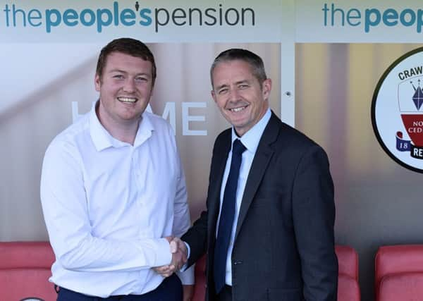 Commercial manager Joe Comper, left, with Patrick Heath-Lay, chief executive officer of the Peoples Pension. Picture courtesy of Crawley Town. SUS-180625-125233002