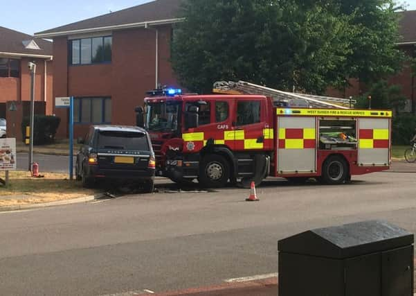 A fire engine and a Range Rover crash in Manor Royal this evening (July 4). Photo by Stephen Orozco.