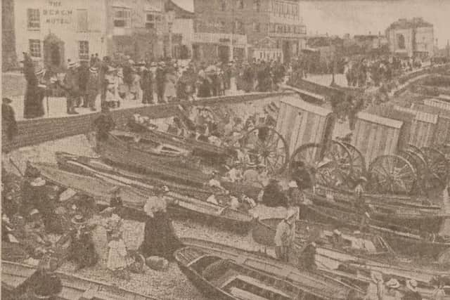 This postcard  sent to Mrs Hallett by her mother in 1901 shows the seafront bathing machines which Mary Wheatland used to operate