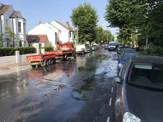 Burst water main on Preston Drove, water flowing down Edburton Avenue (Photograph: @MikeySouthdown)