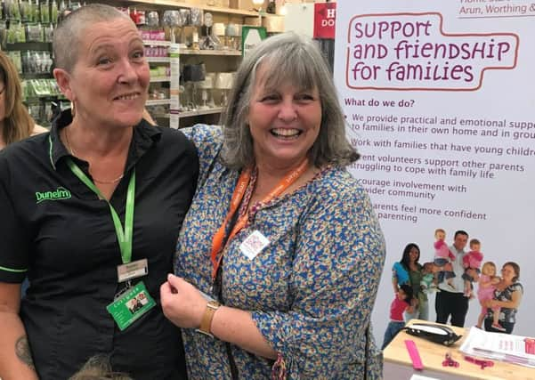 Bridget Richardson, manager at Home-Start Arun, Worthing and Adur, with Sue North after the haircut