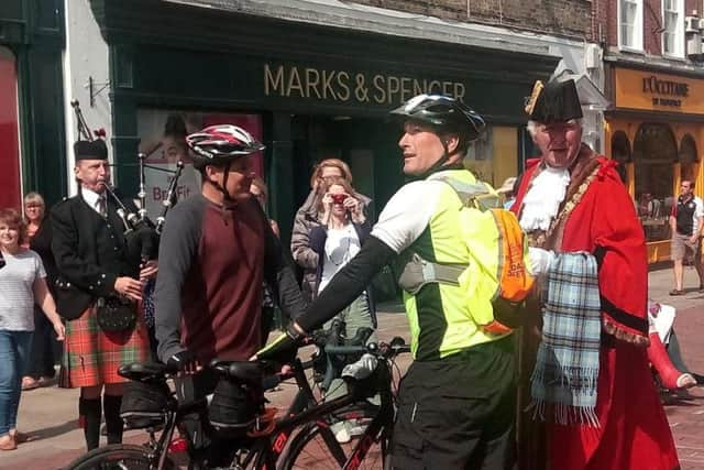 Justin and Malcolm with the Mayor of Chichester in West Street