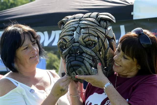 ks180429-11 Mid Lodsworth  Bulldog Event  phot kate

Maz Keating from Lovabull showing Louise Rhoden a Bulldog bust.ks180429-11 SUS-180209-105545008