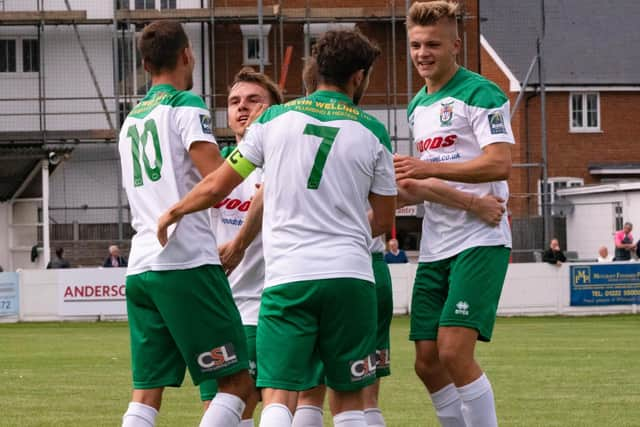 The Rocks celebrate one of No10 Jimmy Muitt's early goals / Picture by Tommy McMillan