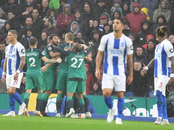 Harry Kane is mobbed after putting Tottenham Hotspur 1-0 up against Brighton. Picture by PW Sporting Photography