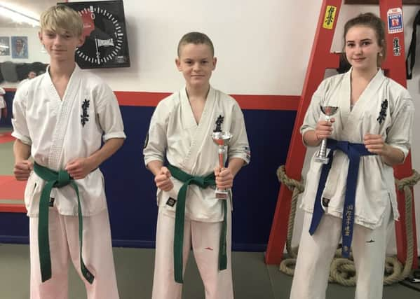 Crawley Kyokushinkai Karate Club's Ashley Black, 13, Mia Hawkins, 15, and Charlie Denton, 14 SUS-180925-121035002