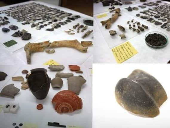 Top Left: Neolithic material (flint, antler pick, pig teeth, charred plant material in petri dish)

Top Middle: as top left but from a different angle

Top Right: partial cat skeleton from the deserted medieval village

Bottom Right: cat skeleton from different angle and RAF stamped pottery

Bottom left: a selection of mid Roman (c.2nd to 3rd century AD) pottery including a black-burnished ware cooking jar and an imported mould decorated samian ware bowl from central Gaul.

Bottom middle: Early Iron Age (c.600-400BC) fine ware bowl