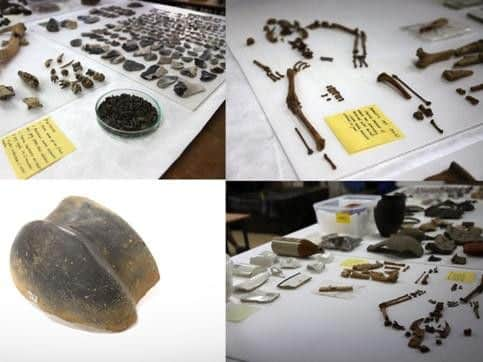 Top Left: Neolithic material (flint, antler pick, pig teeth, charred plant material in petri dish)

Top Middle: as top left but from a different angle

Top Right: partial cat skeleton from the deserted medieval village

Bottom Right: cat skeleton from different angle and RAF stamped pottery

Bottom left: a selection of mid Roman (c.2nd to 3rd century AD) pottery including a black-burnished ware cooking jar and an imported mould decorated samian ware bowl from central Gaul.

Bottom middle: Early Iron Age (c.600-400BC) fine ware bowl