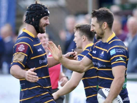 Raiders celebrate a try on Saturday. Picture by Stephen Goodger