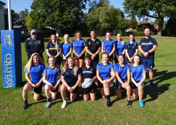 CollyerÂ’s womenÂ’s rugby team with Halequins' Brian Holland, Tyrone Matthews and Glenn Jones