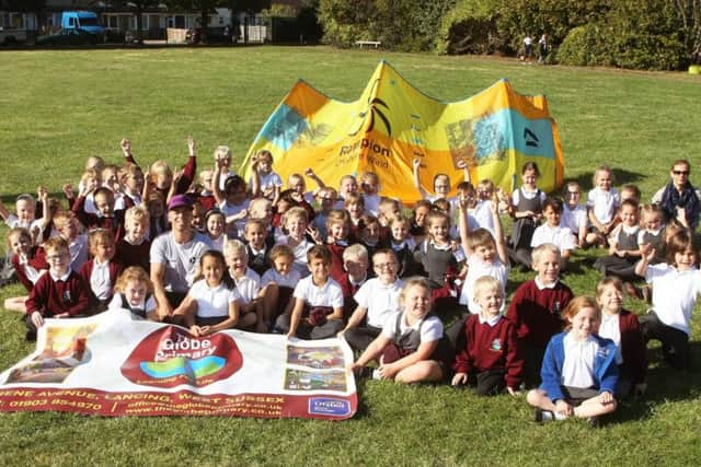 DM18101169a.jpg. British Kite Surfing champion Lewis Crathern visits The Globe Primary School, Lancing. Photo by Derek Martin Photography.