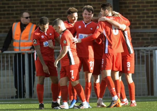 Eastbourne Borough V Hemel Hempstead Town - Borough celebrate Alfie Rutherfords second goal (Photo by Jon Rigby) SUS-181029-104040002