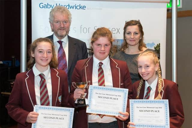 Lord Lucas, Caroline Ansell and Gildredge House pupils Kelsey Dumstall, Lyra Ellwood, Olivia Mcgough SUS-180611-115322001