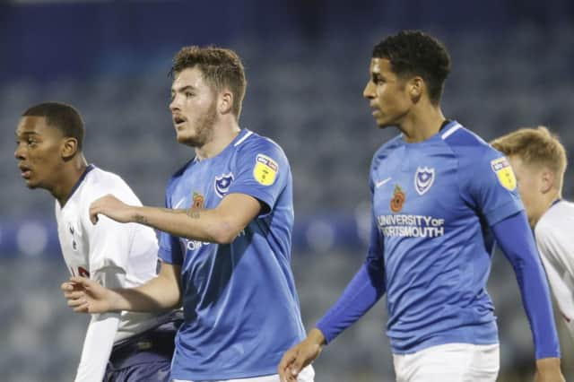 Bradley Lethbridge, left, made his Pompey debut against Spurs. Picture: Robin Jones