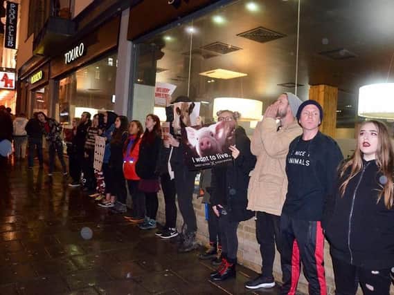 Animal rights activists outside Touro steakhouse in Brighton (Credit: DxE Brighton)