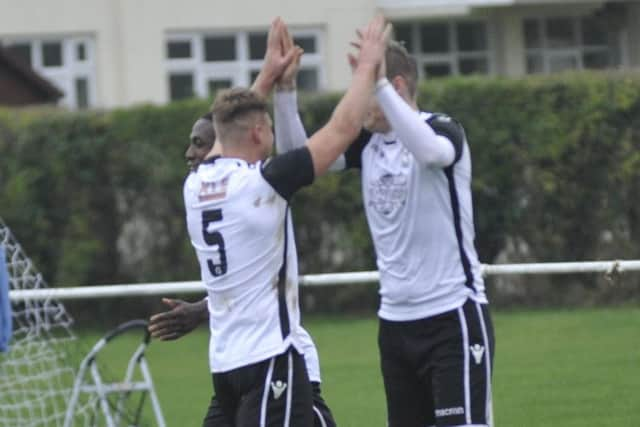 Drew Greenall celebrates his goal with Lewis McGuigan