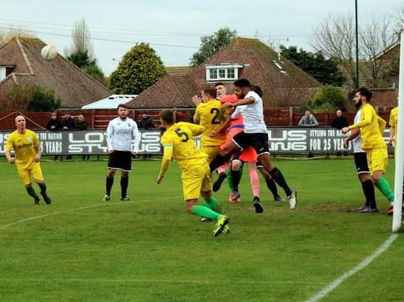 Goalmouth action from Pagham's Boxing Day visit from Chi City / Picture by Roger Smith