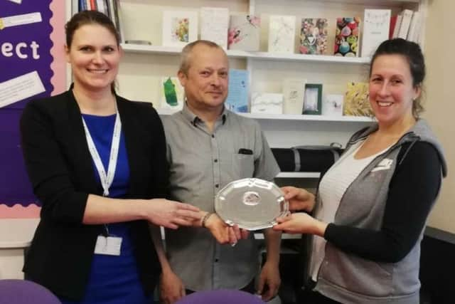 Judge Fay Millar from Brighton Cakes with winners Anna Dyda and Graham Holden from Rayner in Hove